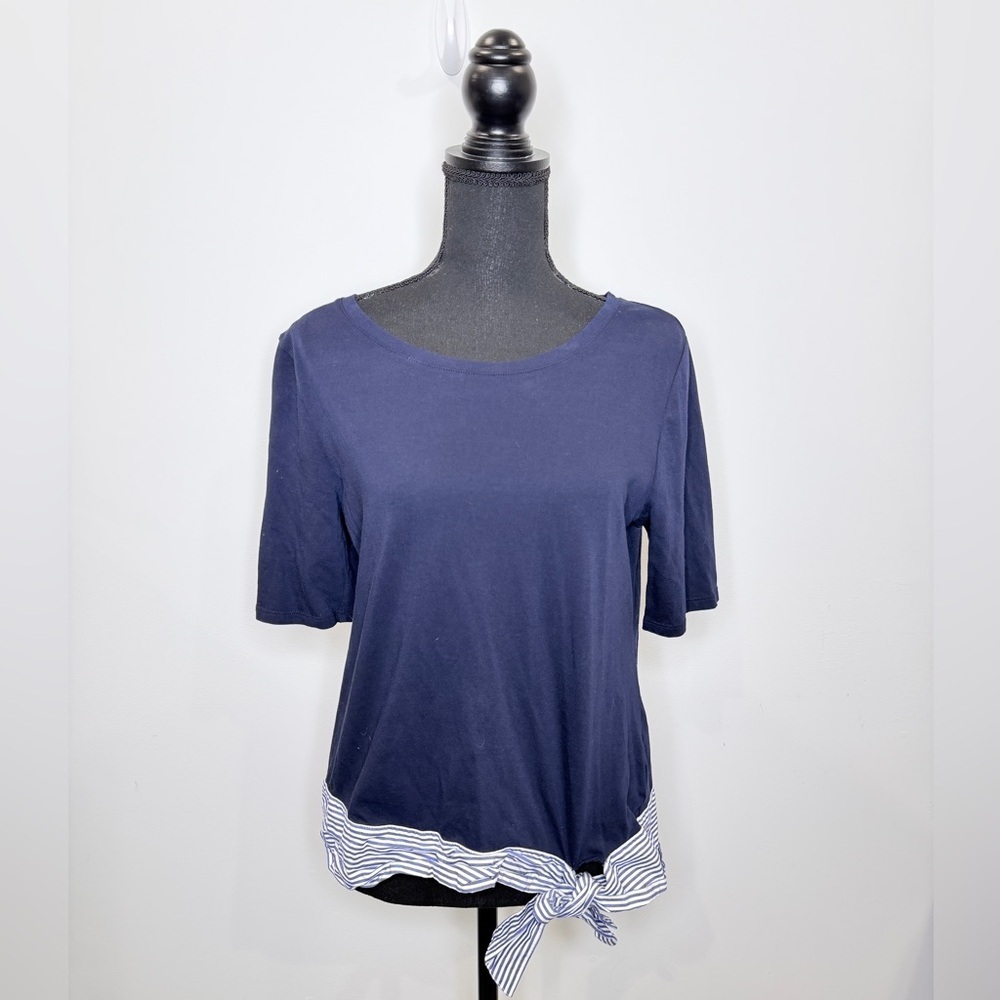 Talbots Waist Tie Navy Blue Short Sleeve Women's Cotton Top